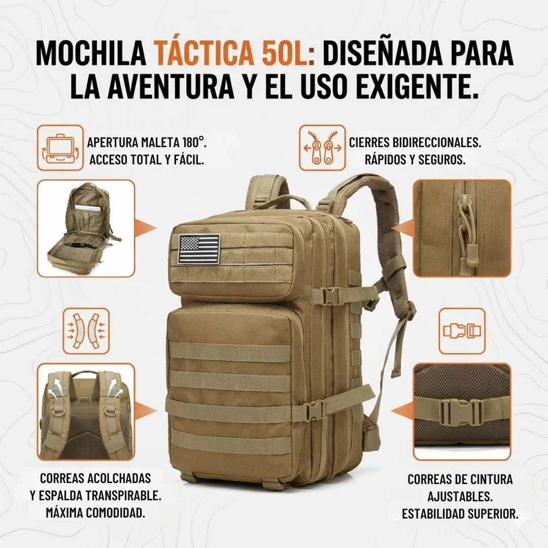 Mochila Táctica Militar 50L – Resistente, Impermeable y Multiusos