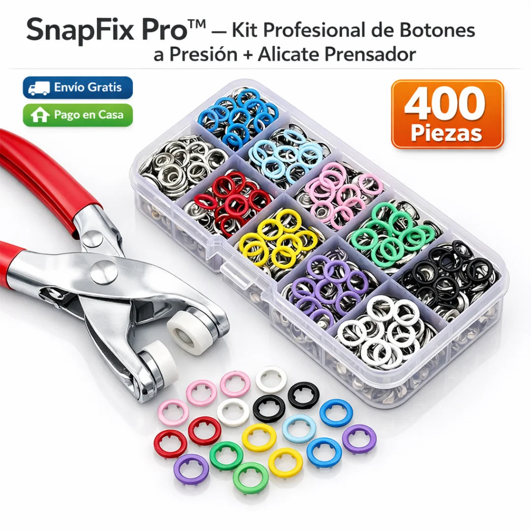 SnapFix Pro™ – Kit Profesional de Botones a Presión + Alicate Prensador (400 Piezas)