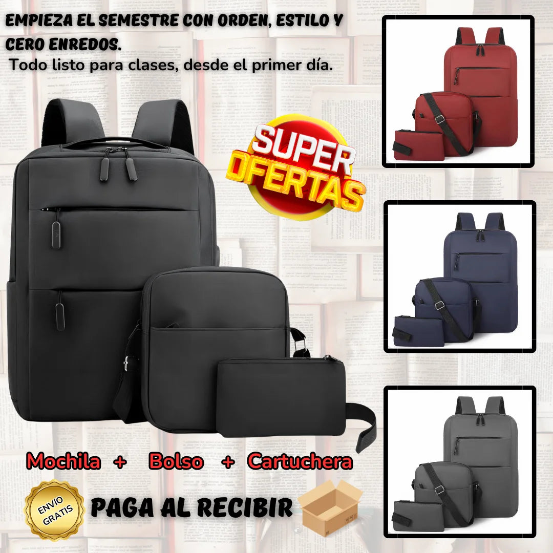 Combo Bolsos 3 en 1 ( Bolso + Mochila + Cartuchera )