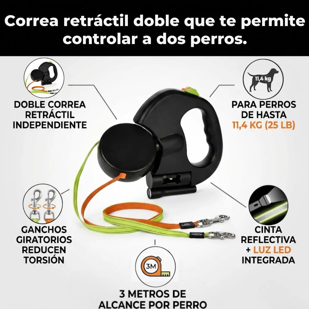 DualWalk Pro™ – Correa Retráctil Doble Antienredos con Luz LED