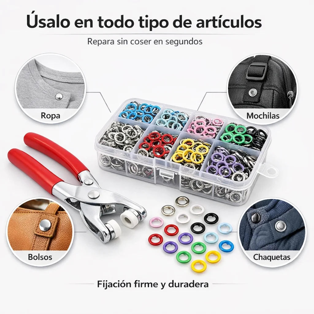 SnapFix Pro™ – Kit Profesional de Botones a Presión + Alicate Prensador (400 Piezas)