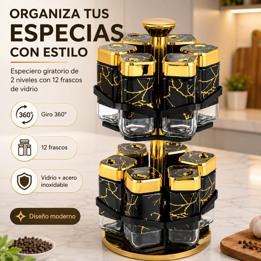 Organizador Giratorio de Especias de 2 Niveles con 12 Frascos de Vidrio