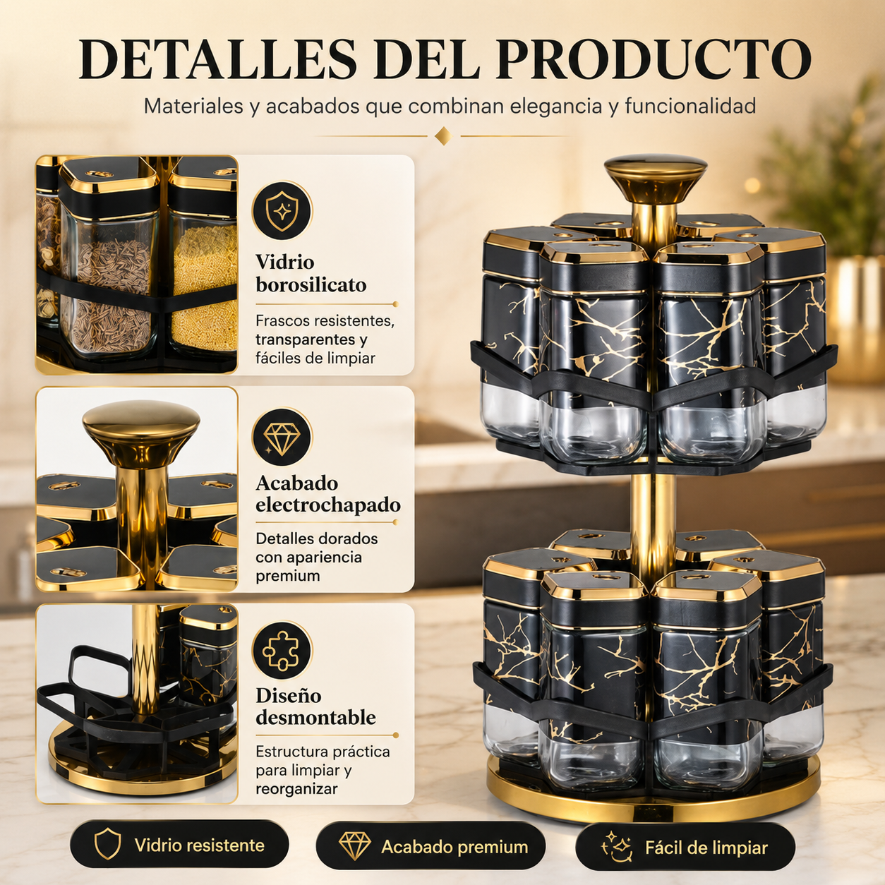Organizador Giratorio de Especias de 2 Niveles con 12 Frascos de Vidrio