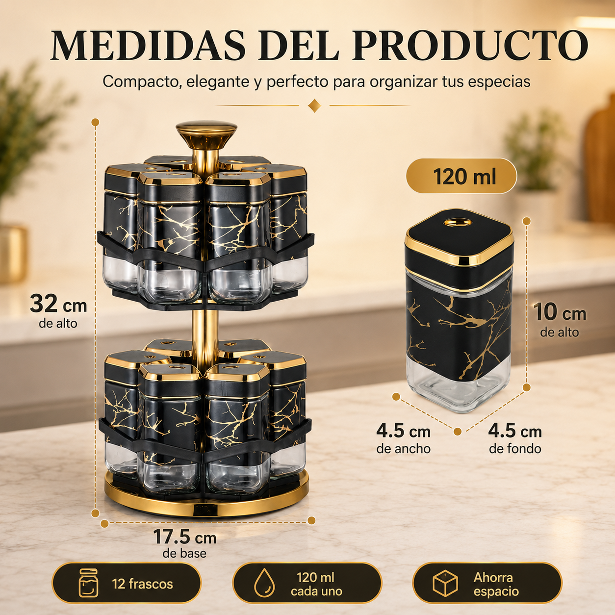 Organizador Giratorio de Especias de 2 Niveles con 12 Frascos de Vidrio