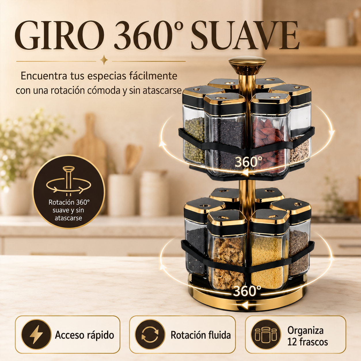 Organizador Giratorio de Especias de 2 Niveles con 12 Frascos de Vidrio