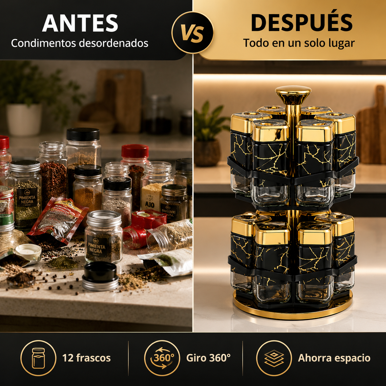 Organizador Giratorio de Especias de 2 Niveles con 12 Frascos de Vidrio