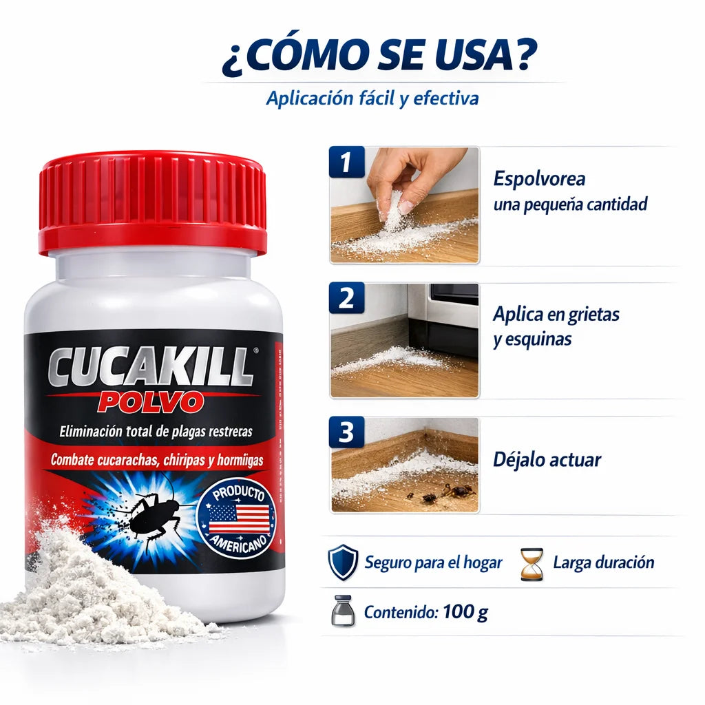 CUCAKILL® POLVO – Insecticida Extra Fuerte para Cucarachas, Hormigas y Chiripas