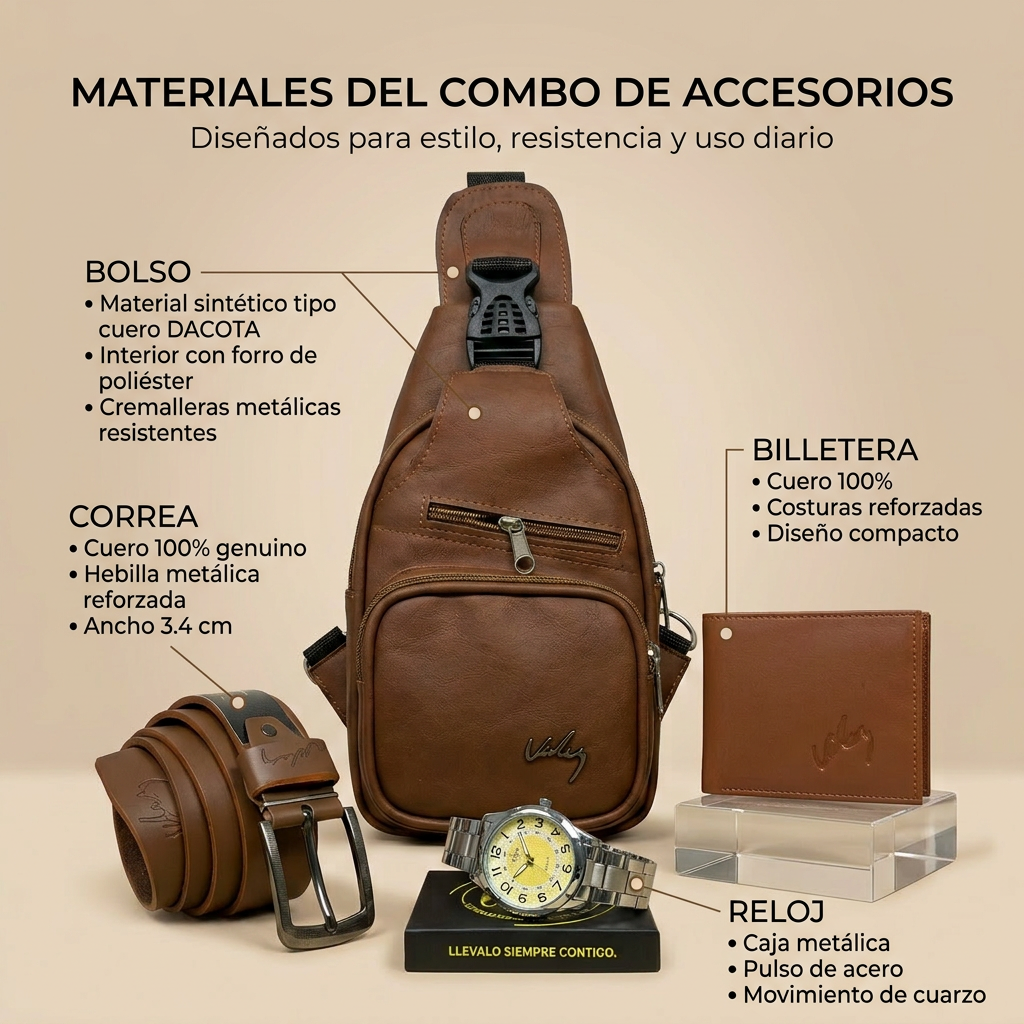 Combo de Accesorios para Hombre 4 en 1 – Bolso Cruzado + Correa Cuero + Billetera + Reloj