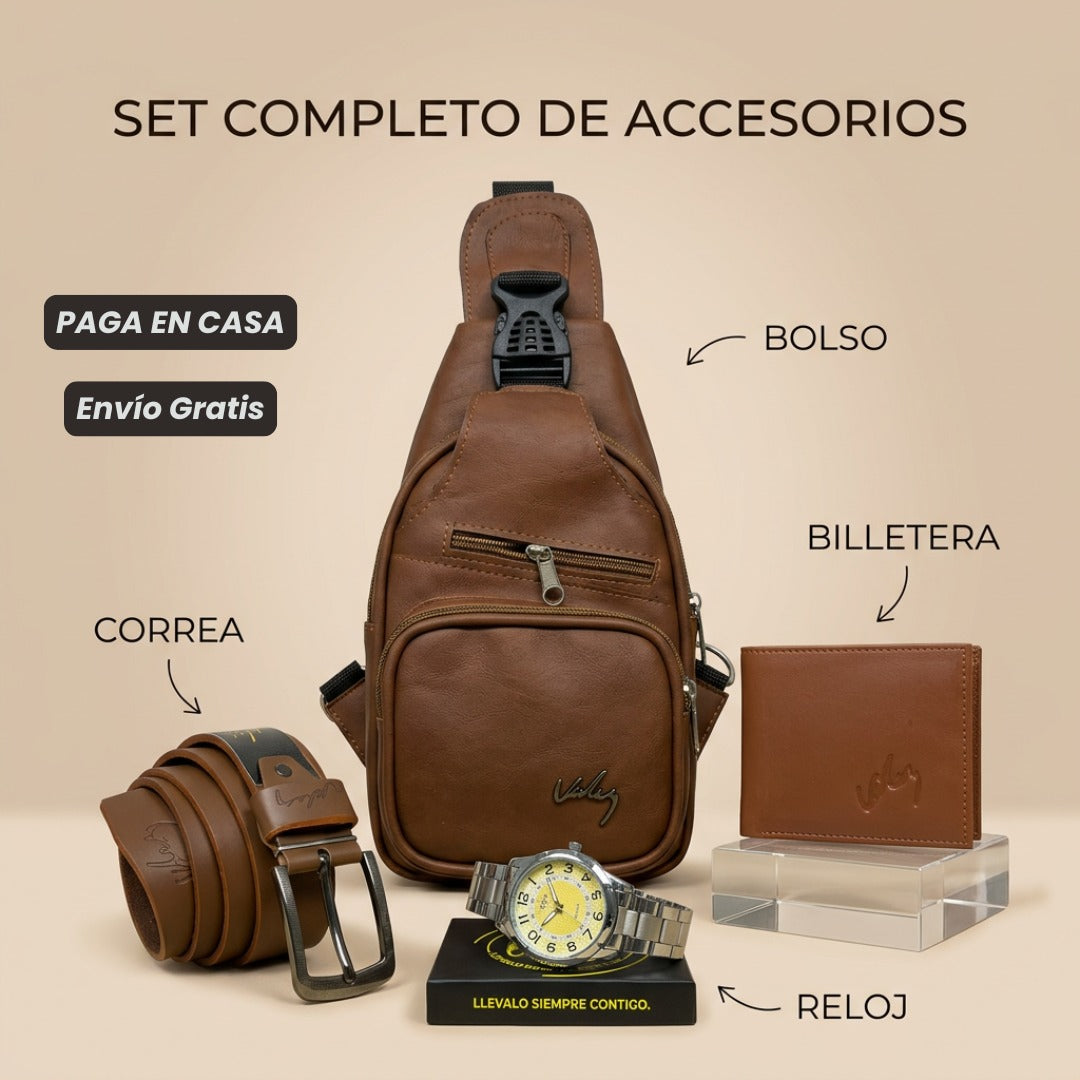 Combo de Accesorios para Hombre 4 en 1 – Bolso Cruzado + Correa Cuero + Billetera + Reloj