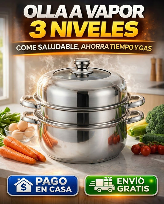 VaporChef Pro™ — Olla Vaporera de Acero Inoxidable 3 Niveles