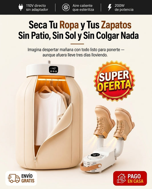 SecaMax Pro™ Combo de 2 Secadoras Portátiles de Aire Caliente — Una Para Tu Ropa, Otra Para Tus Zapatos