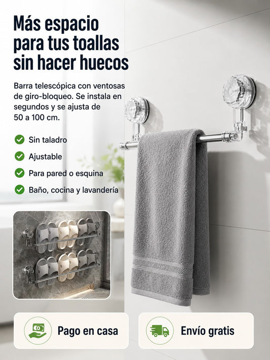 ToalleroPro™ — Barra Retráctil con Ventosa para Baño, Cocina y Lavandería