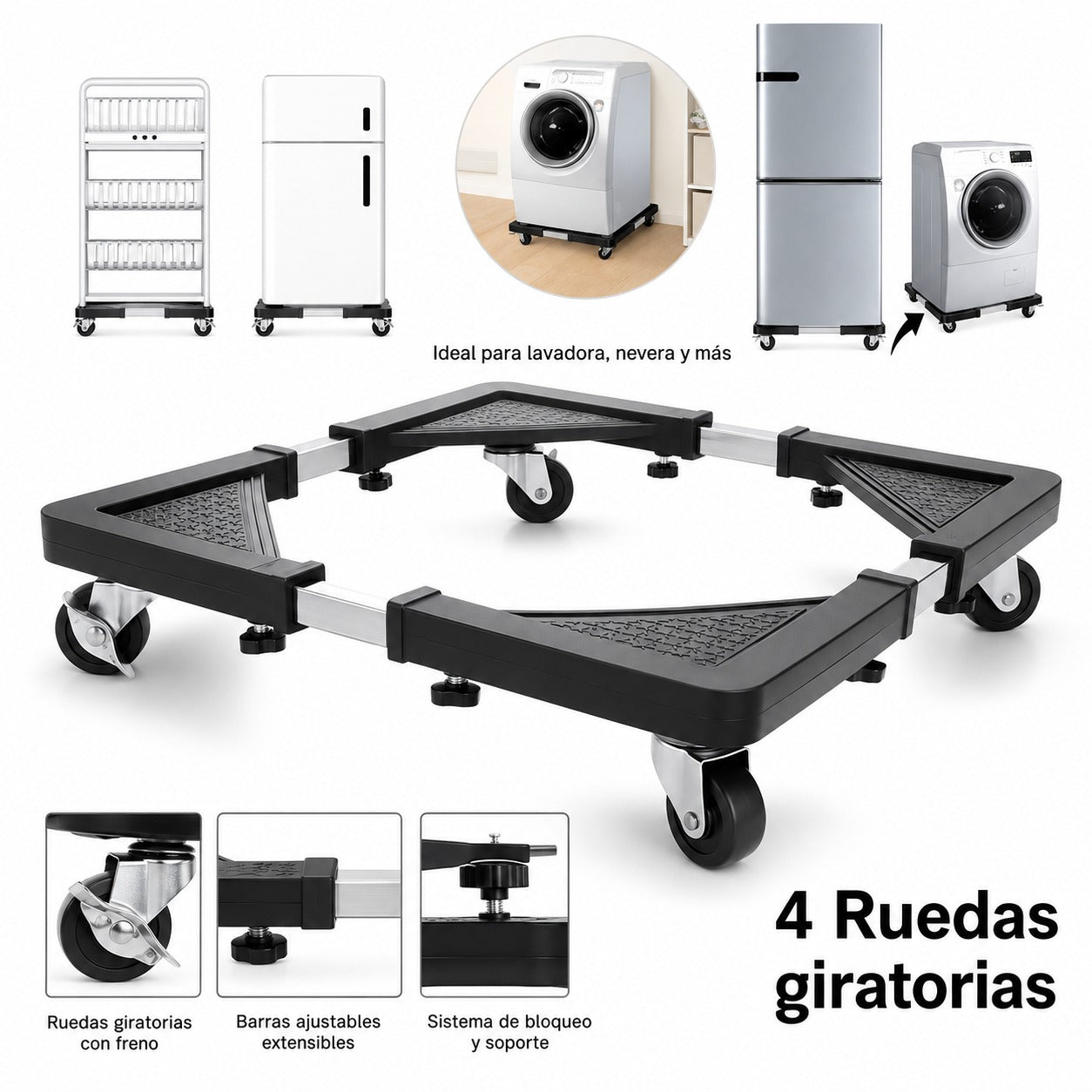 Base Ajustable con Ruedas para Neveras y Lavadoras | Soporta hasta 135 kg
