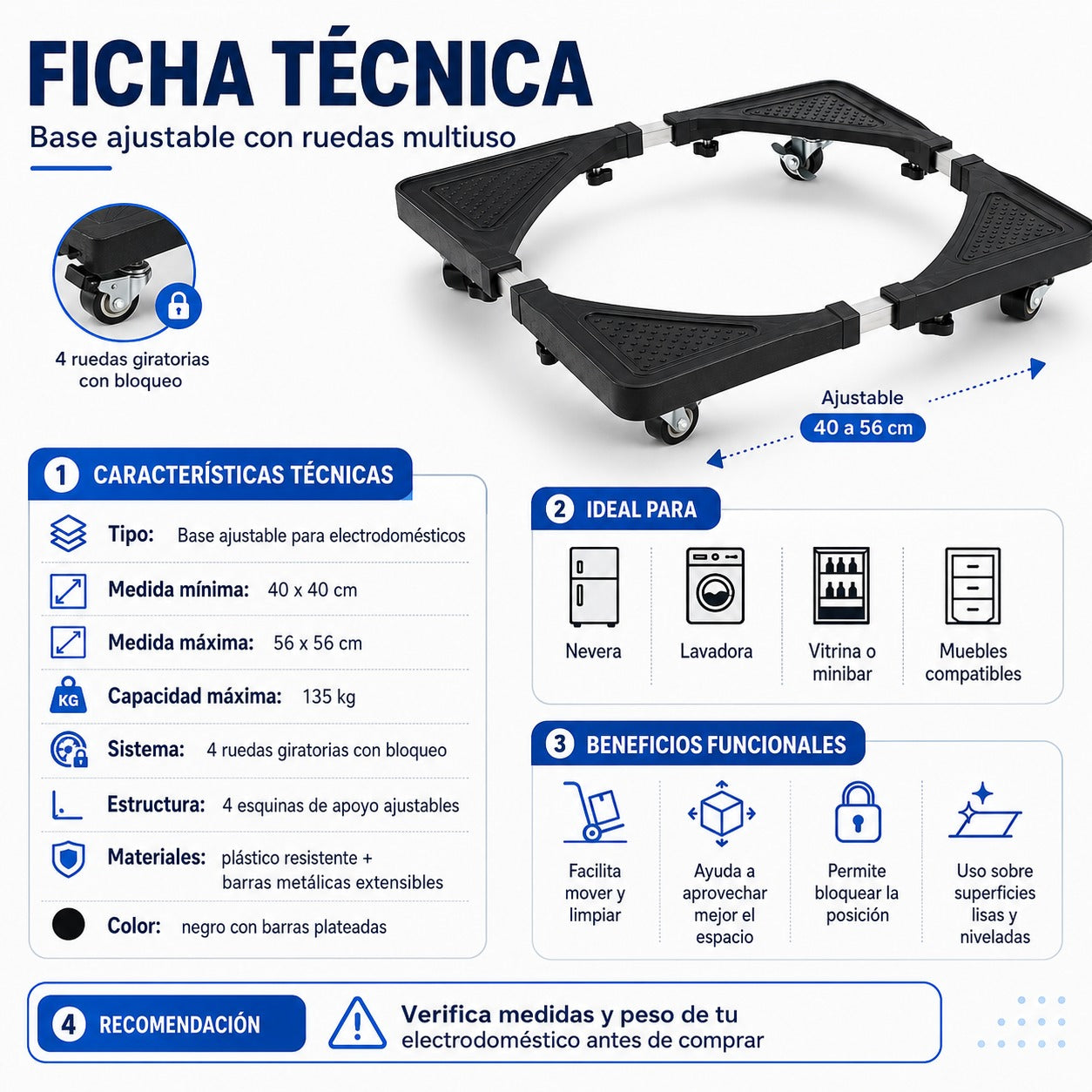 Base Ajustable con Ruedas para Neveras y Lavadoras | Soporta hasta 135 kg