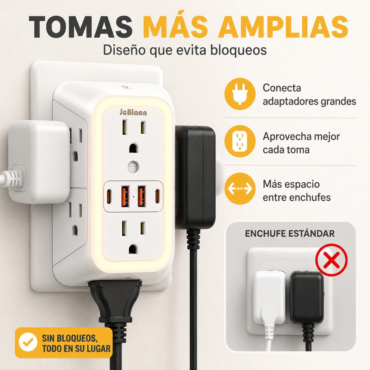 Multitoma 10 en 1 con Protección contra Sobretensiones y Luz Nocturna