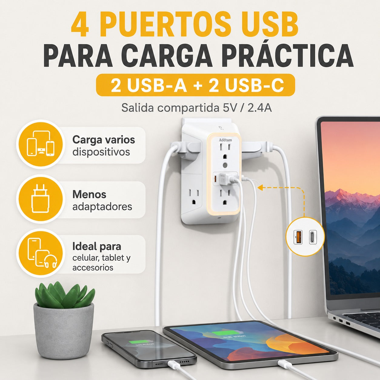 Multitoma 10 en 1 con Protección contra Sobretensiones y Luz Nocturna