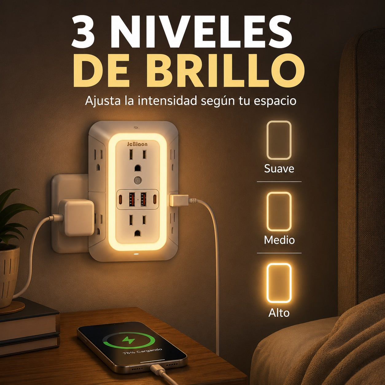 Multitoma 10 en 1 con Protección contra Sobretensiones y Luz Nocturna