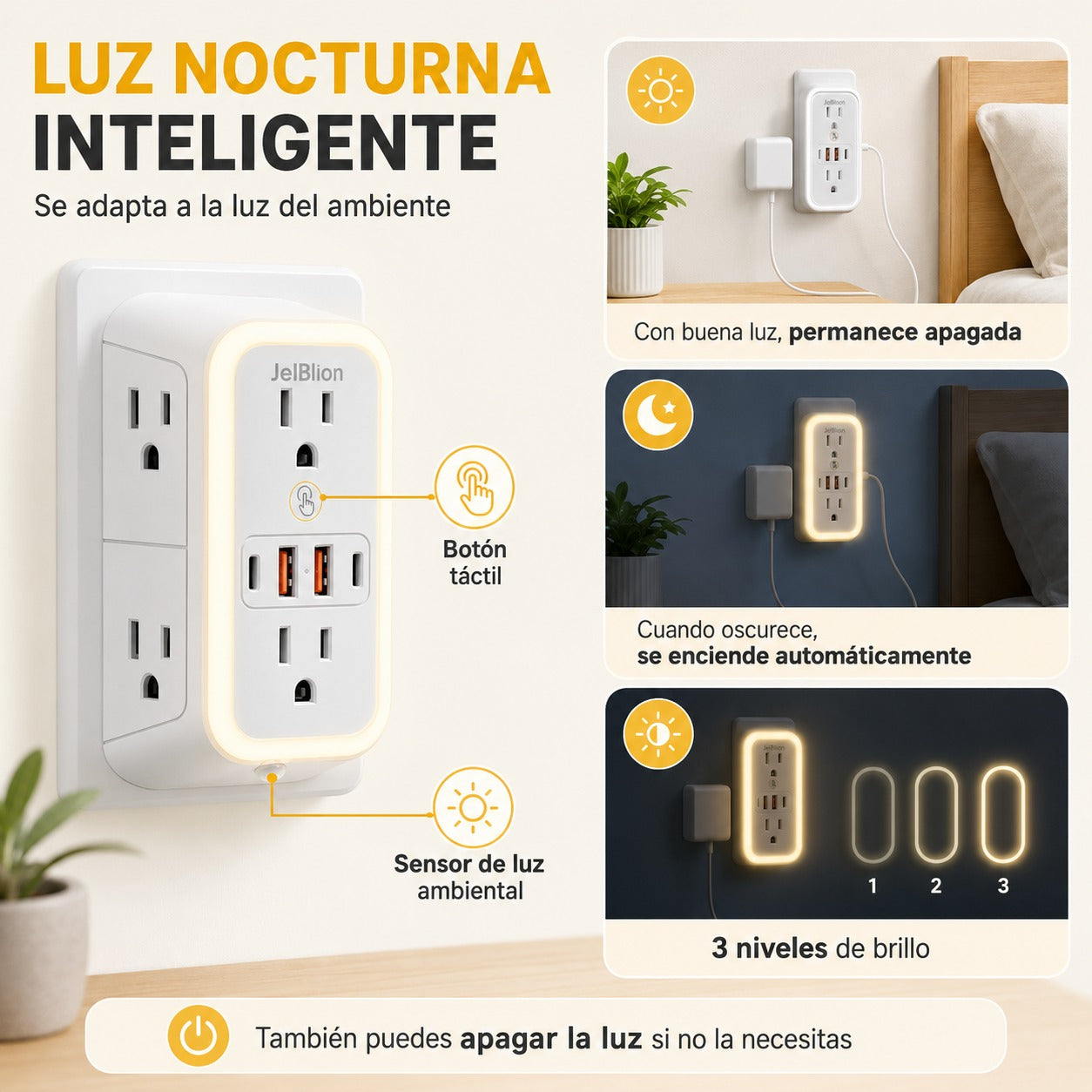 Multitoma 10 en 1 con Protección contra Sobretensiones y Luz Nocturna