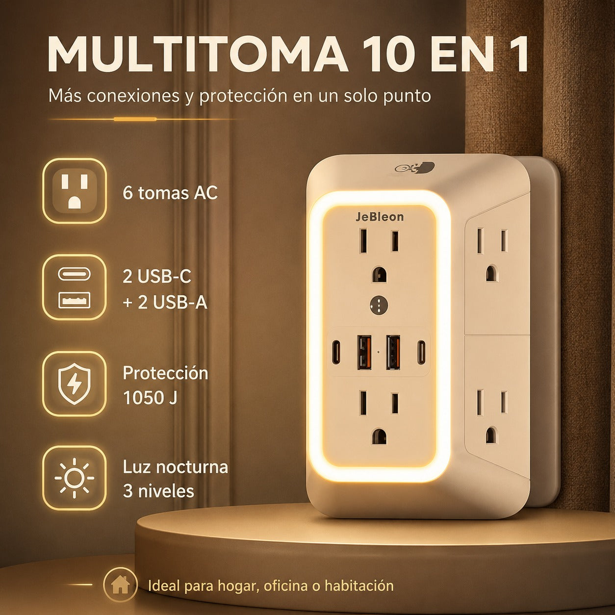Multitoma 10 en 1 con Protección contra Sobretensiones y Luz Nocturna