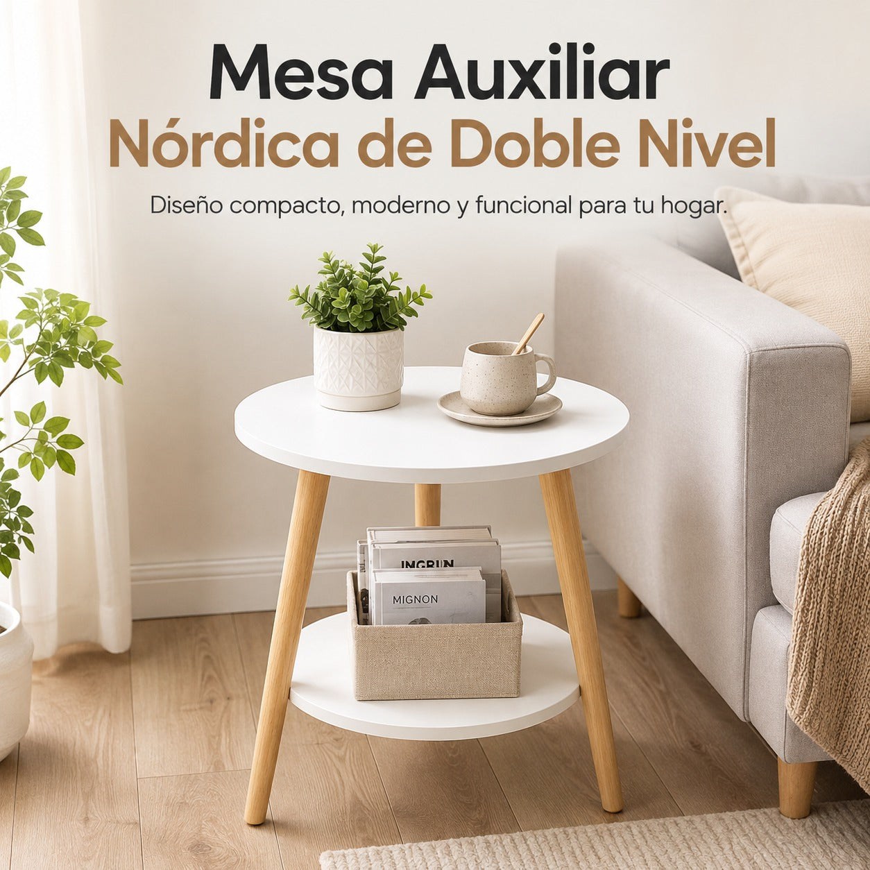 Mesa Auxiliar Nórdica de 2 Niveles: Estilo, Orden y Espacio en un Solo Mueble