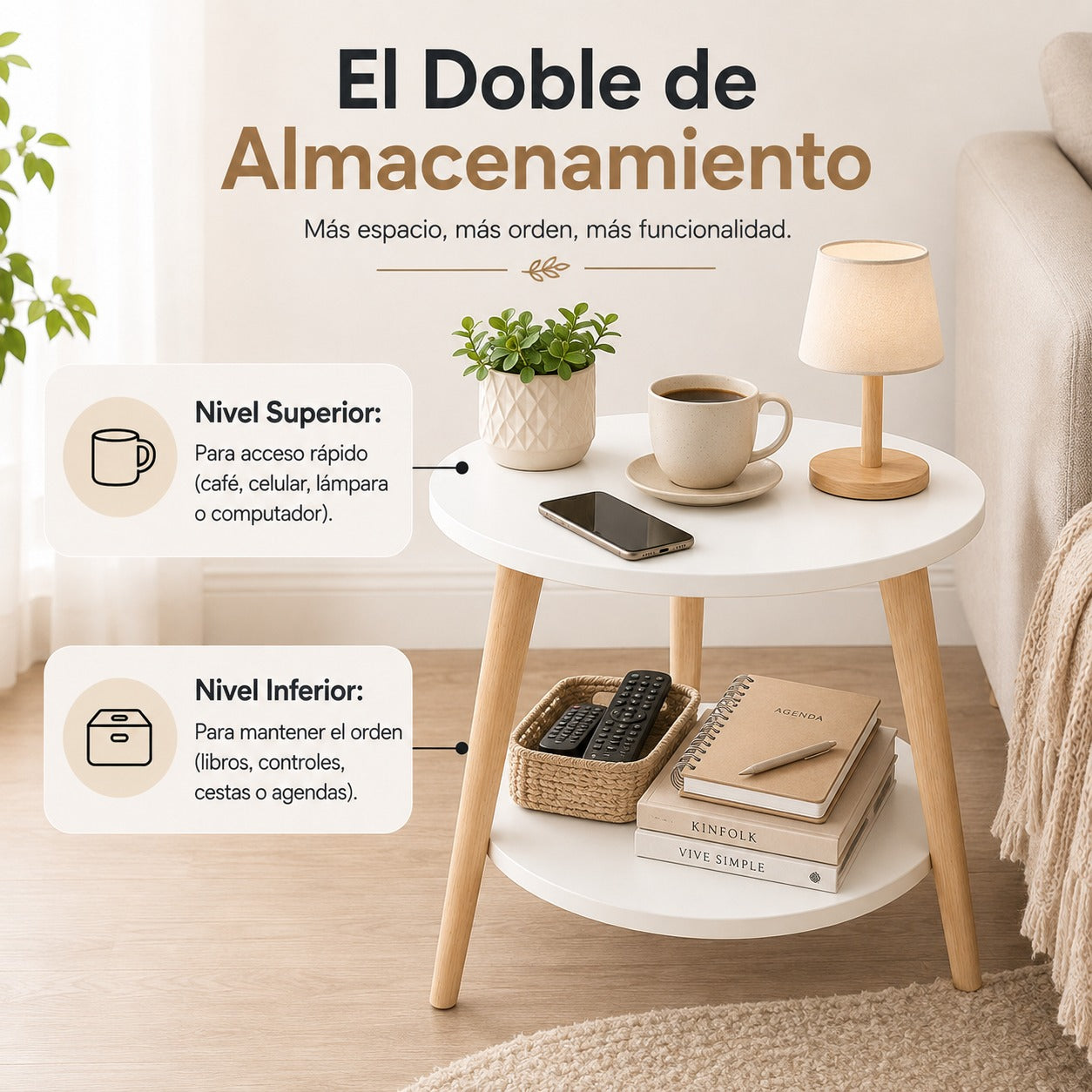 Mesa Auxiliar Nórdica de 2 Niveles: Estilo, Orden y Espacio en un Solo Mueble