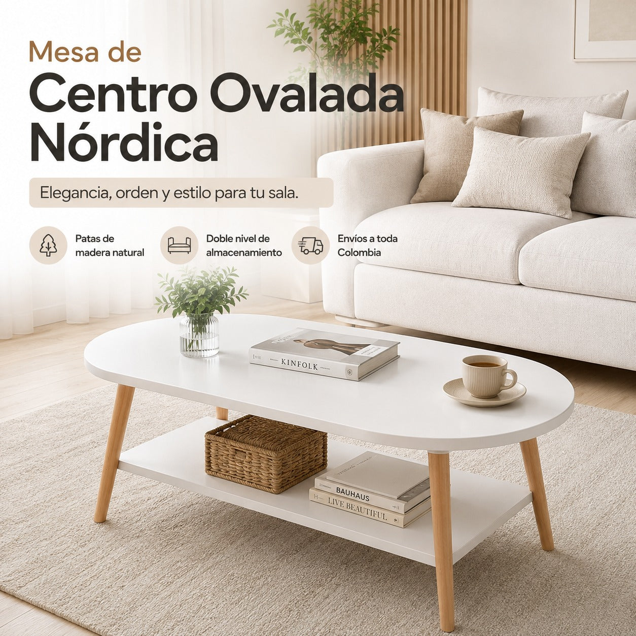 Mesa de Centro Ovalada Nórdica: Elegancia, Estilo y Orden para tu Sala