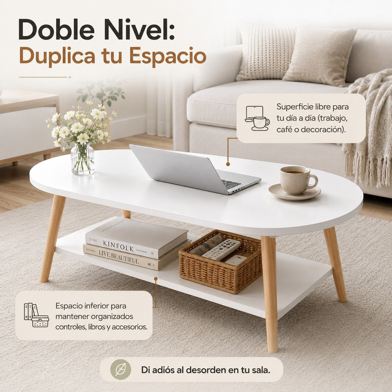 Mesa de Centro Ovalada Nórdica: Elegancia, Estilo y Orden para tu Sala