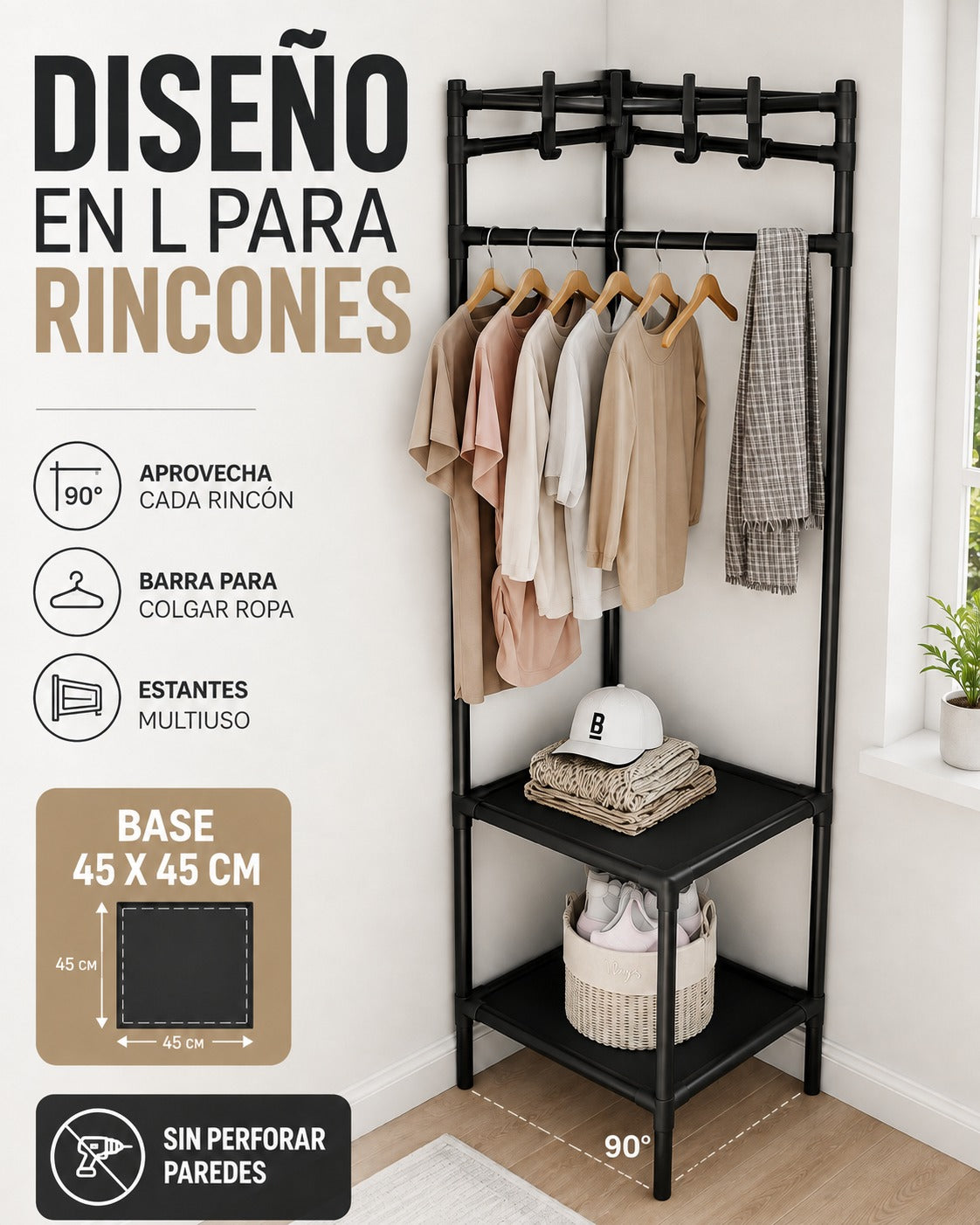 Perchero Organizador de Esquina 3 en 1: Duplica el Espacio