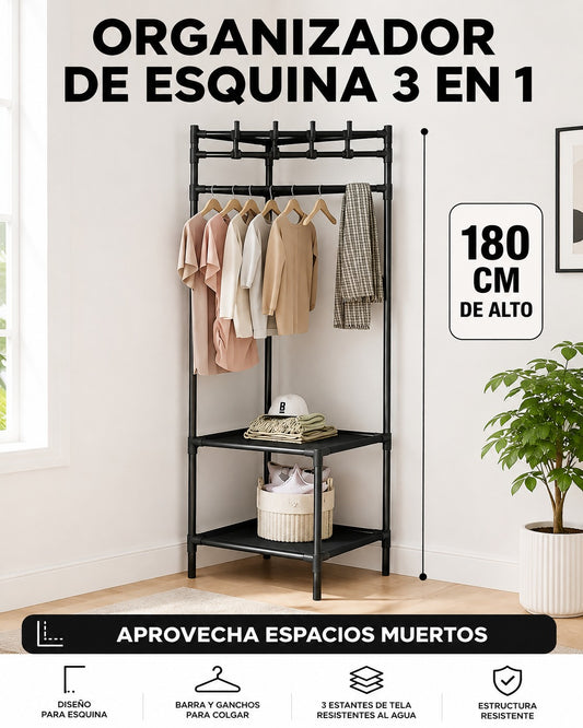 Perchero Organizador de Esquina 3 en 1: Duplica el Espacio