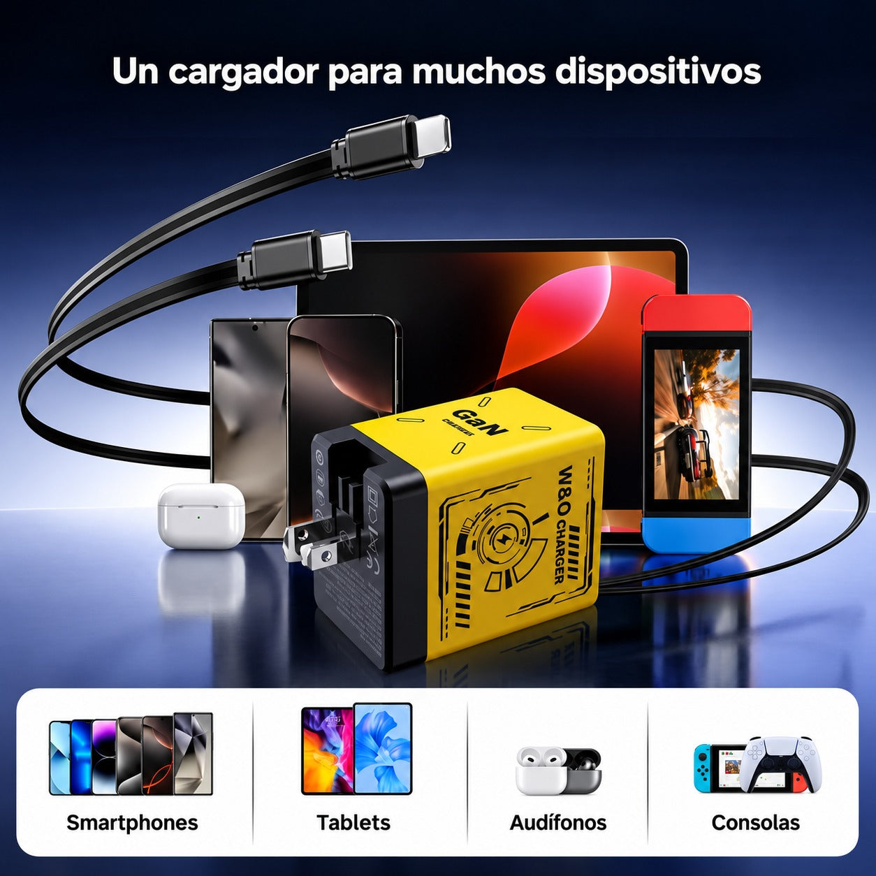 VoltGo™ — Cargador GaN 120W con Cables Retráctiles Integrados