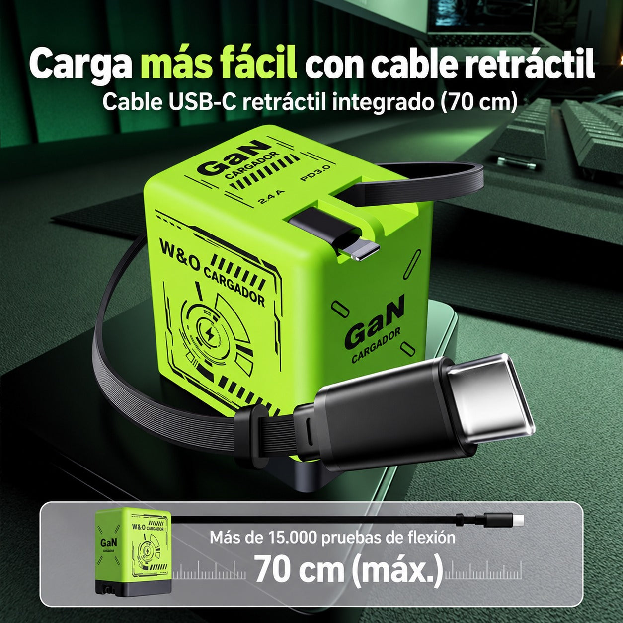 VoltGo™ — Cargador GaN 120W con Cables Retráctiles Integrados