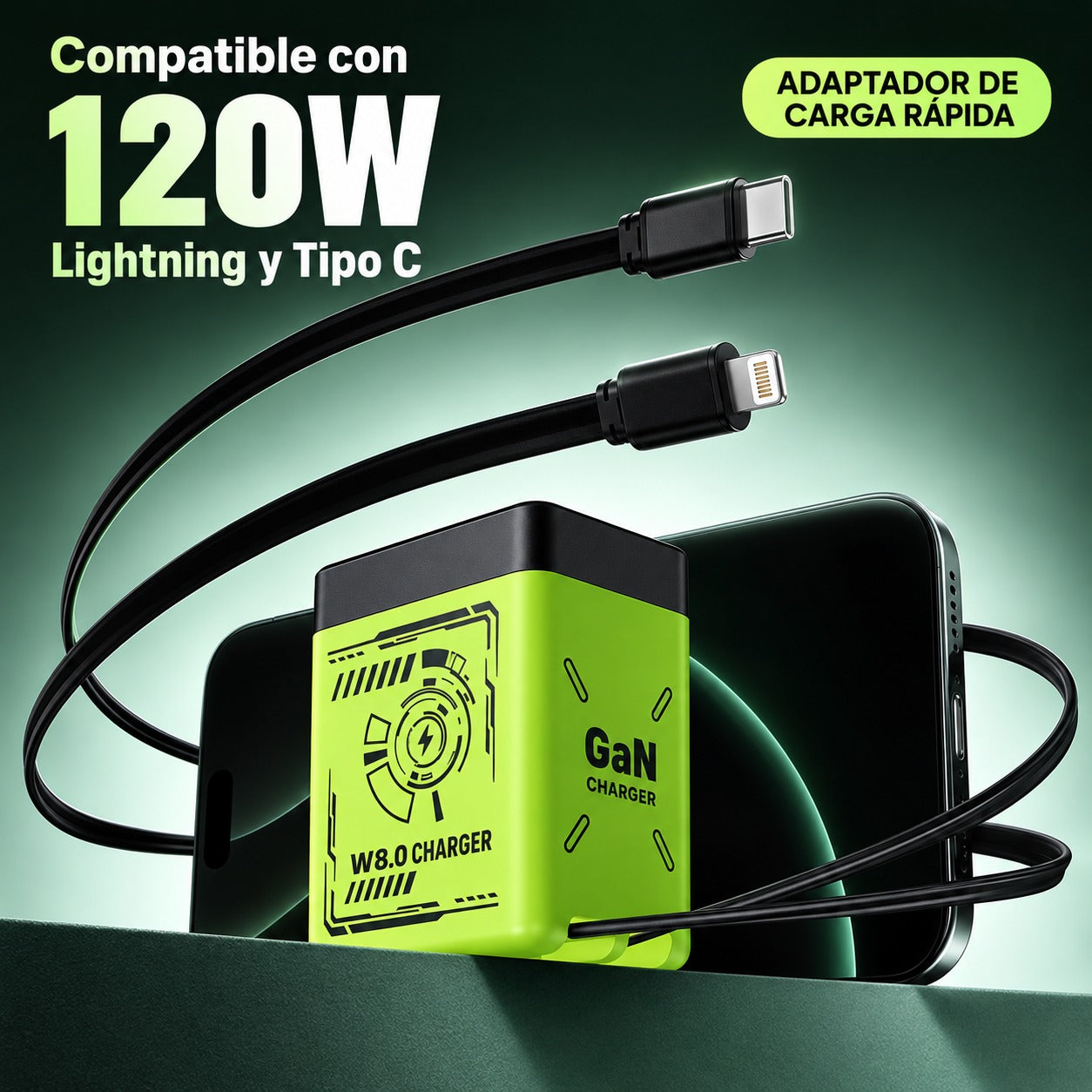 VoltGo™ — Cargador GaN 120W con Cables Retráctiles Integrados