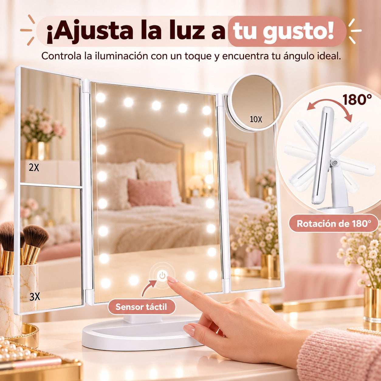 💄 ESPEJO DE MAQUILLAJE LED 4 EN 1 CON AUMENTO 10X