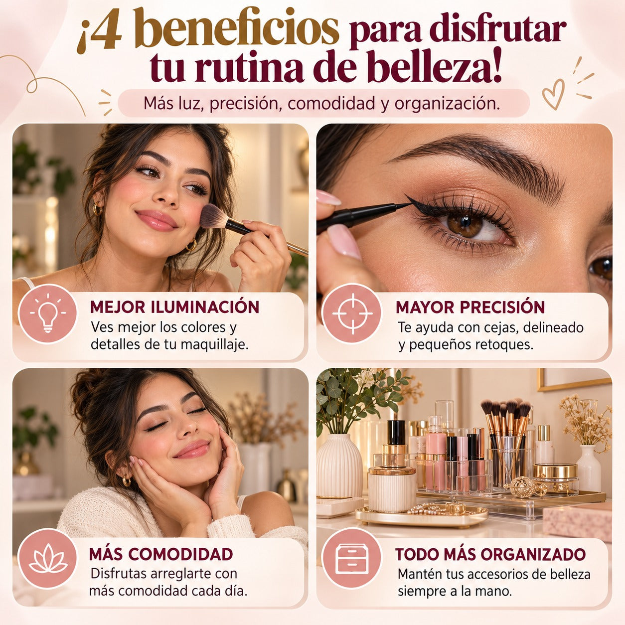 💄 ESPEJO DE MAQUILLAJE LED 4 EN 1 CON AUMENTO 10X