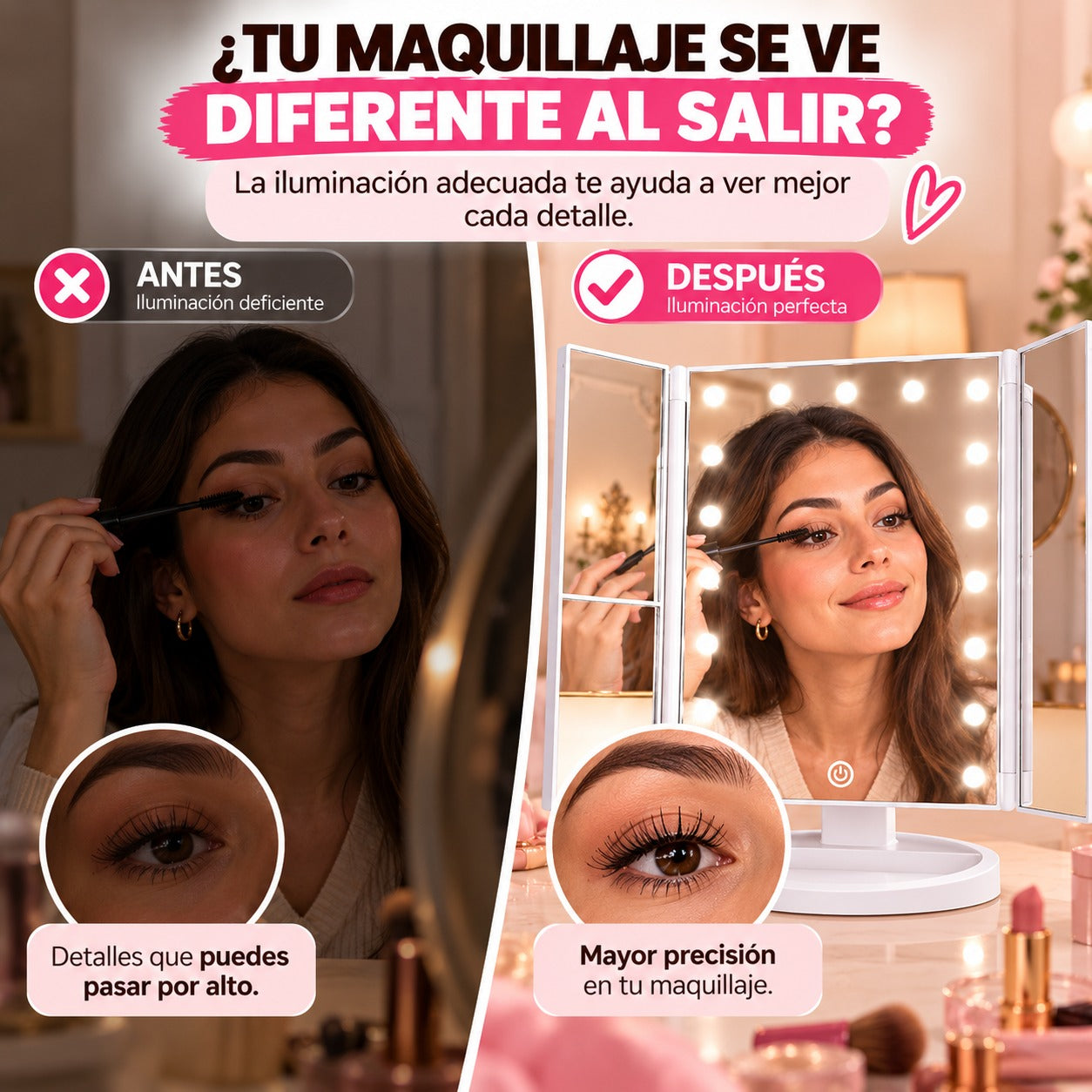 💄 ESPEJO DE MAQUILLAJE LED 4 EN 1 CON AUMENTO 10X