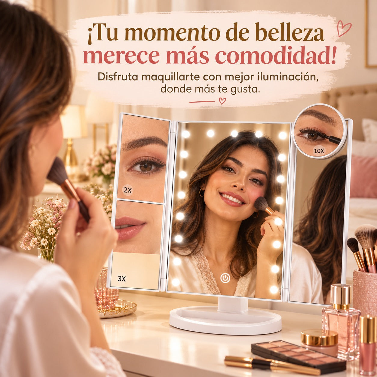💄 ESPEJO DE MAQUILLAJE LED 4 EN 1 CON AUMENTO 10X