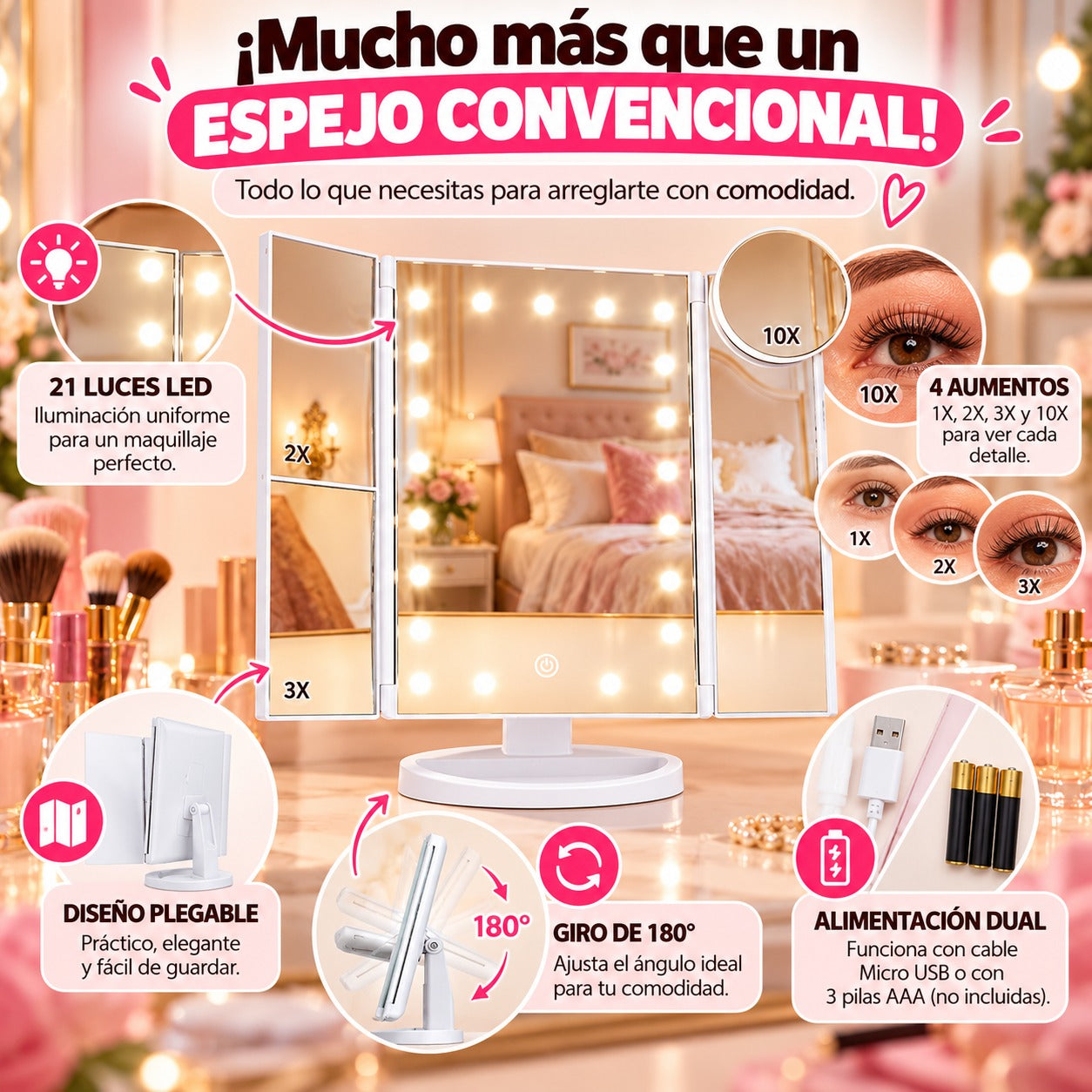 💄 ESPEJO DE MAQUILLAJE LED 4 EN 1 CON AUMENTO 10X