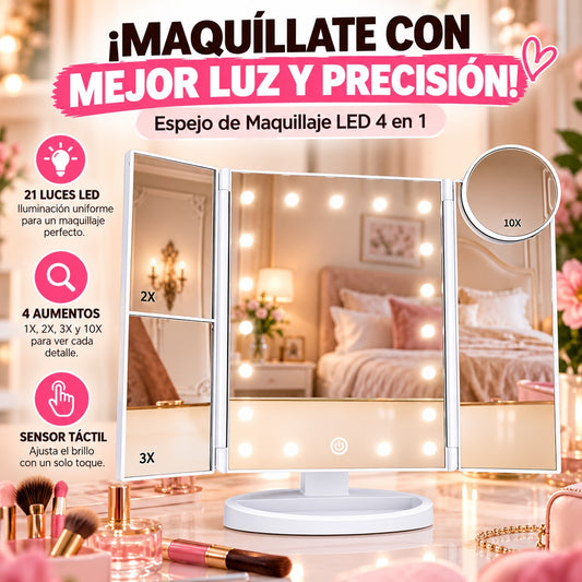💄 ESPEJO DE MAQUILLAJE LED 4 EN 1 CON AUMENTO 10X