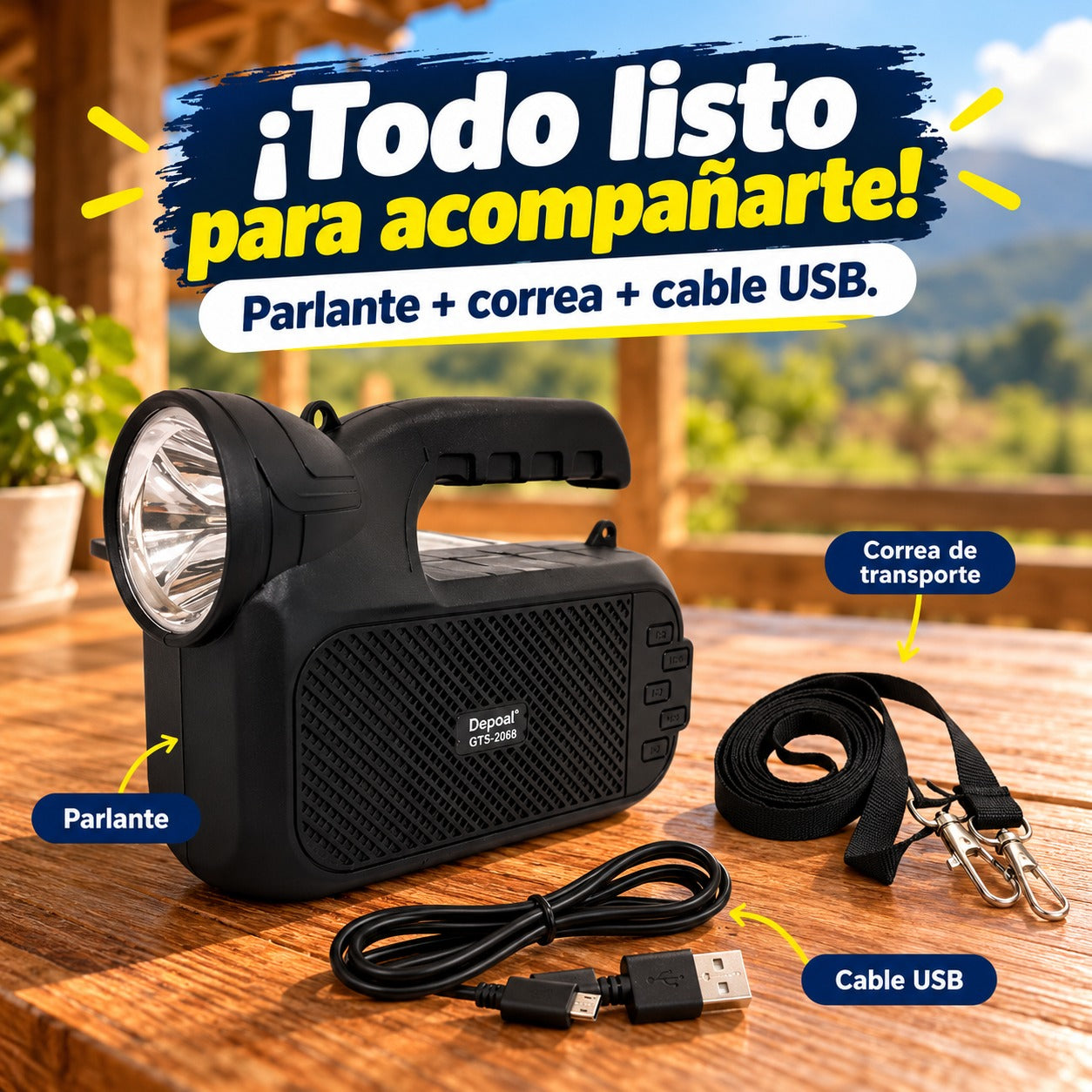🔊 Parlante Bluetooth Solar con Linterna GTS-2068