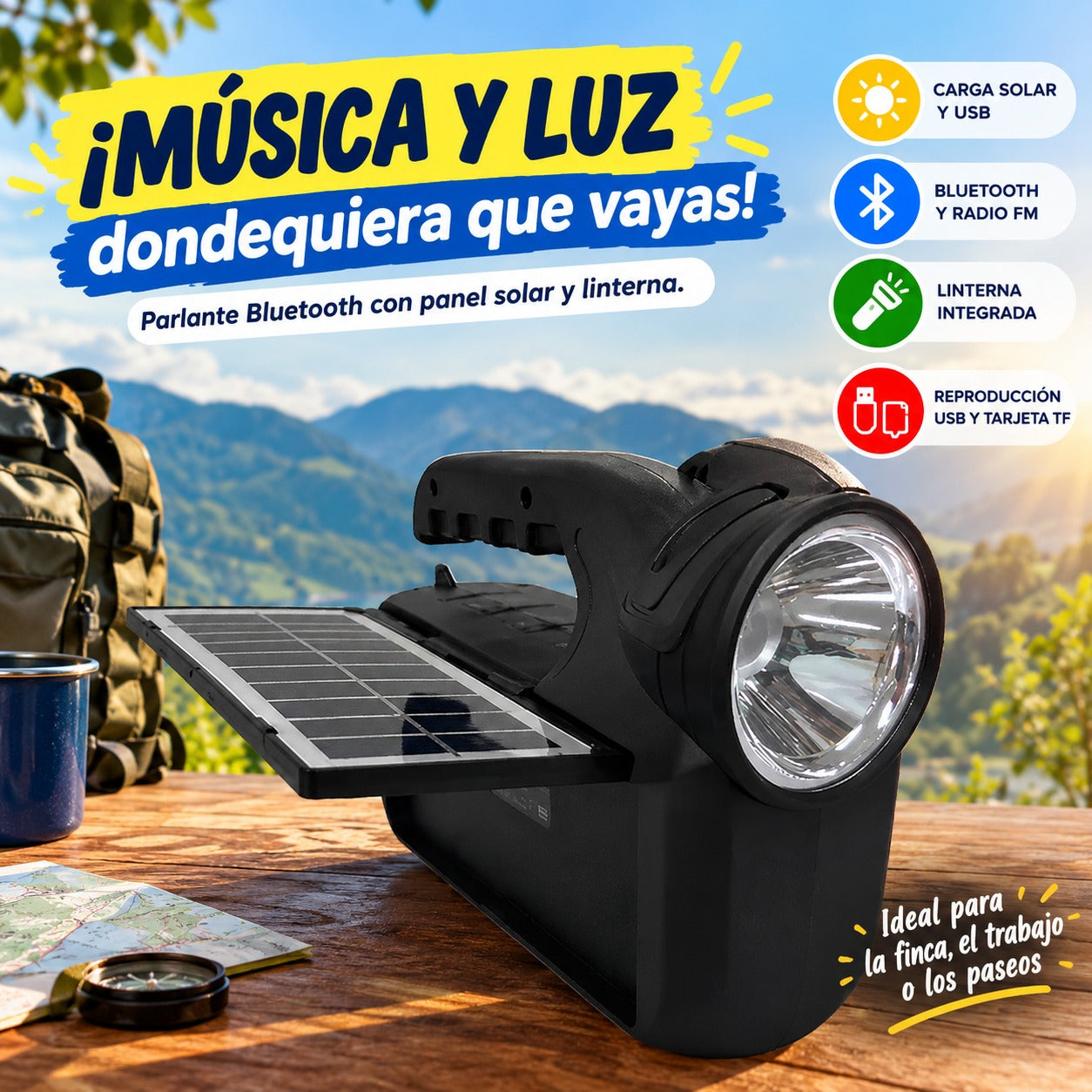 🔊 Parlante Bluetooth Solar con Linterna GTS-2068