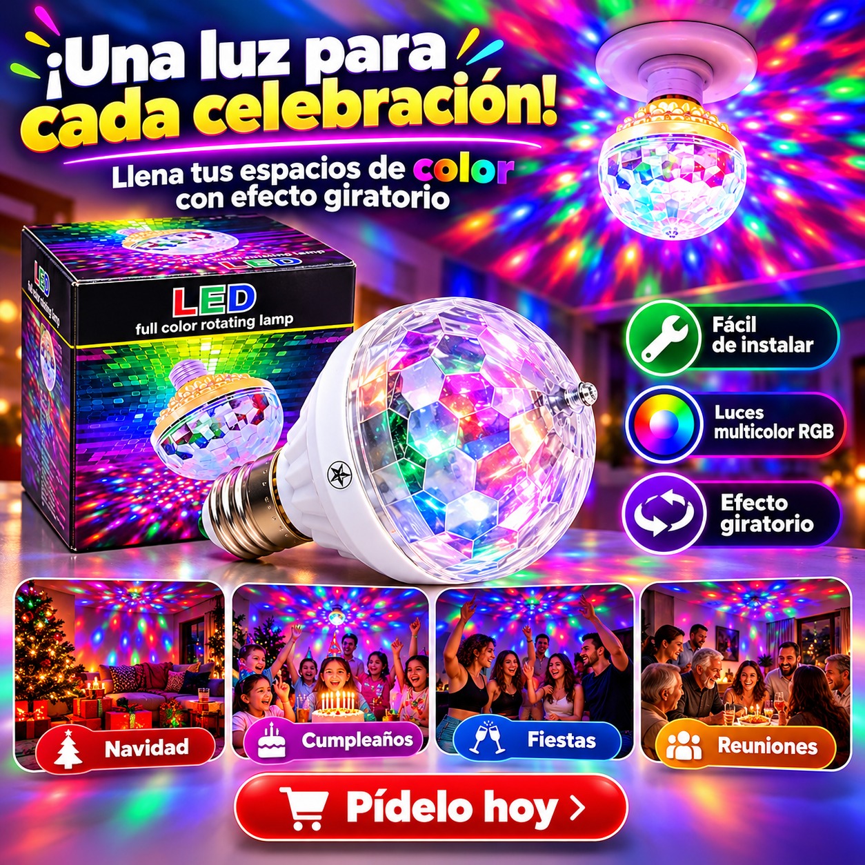 Bombillo LED Disco RGB Giratorio | ¡Llena tus Fiestas de Color!