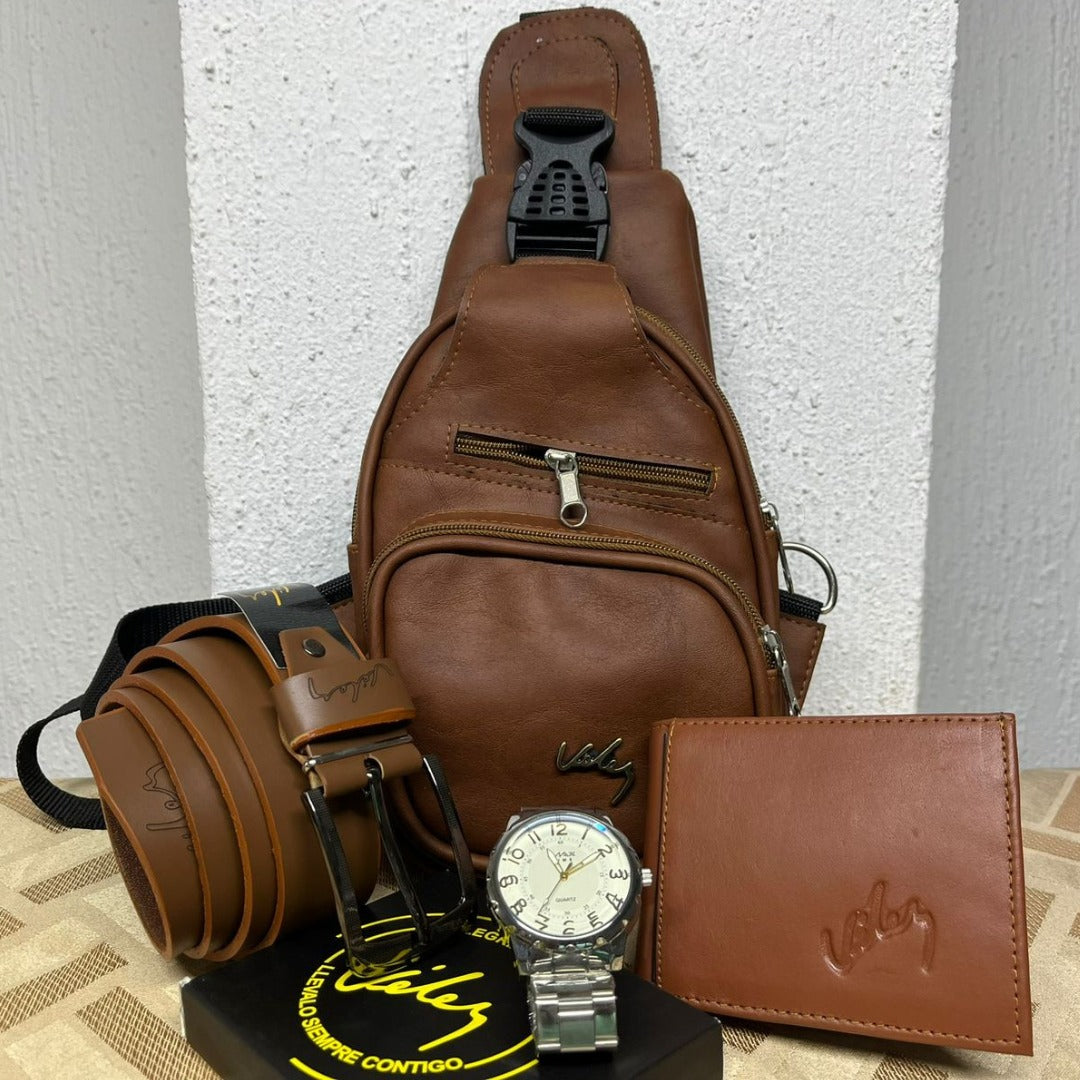 Combo de Accesorios para Hombre 4 en 1 – Bolso Cruzado + Correa Cuero + Billetera + Reloj