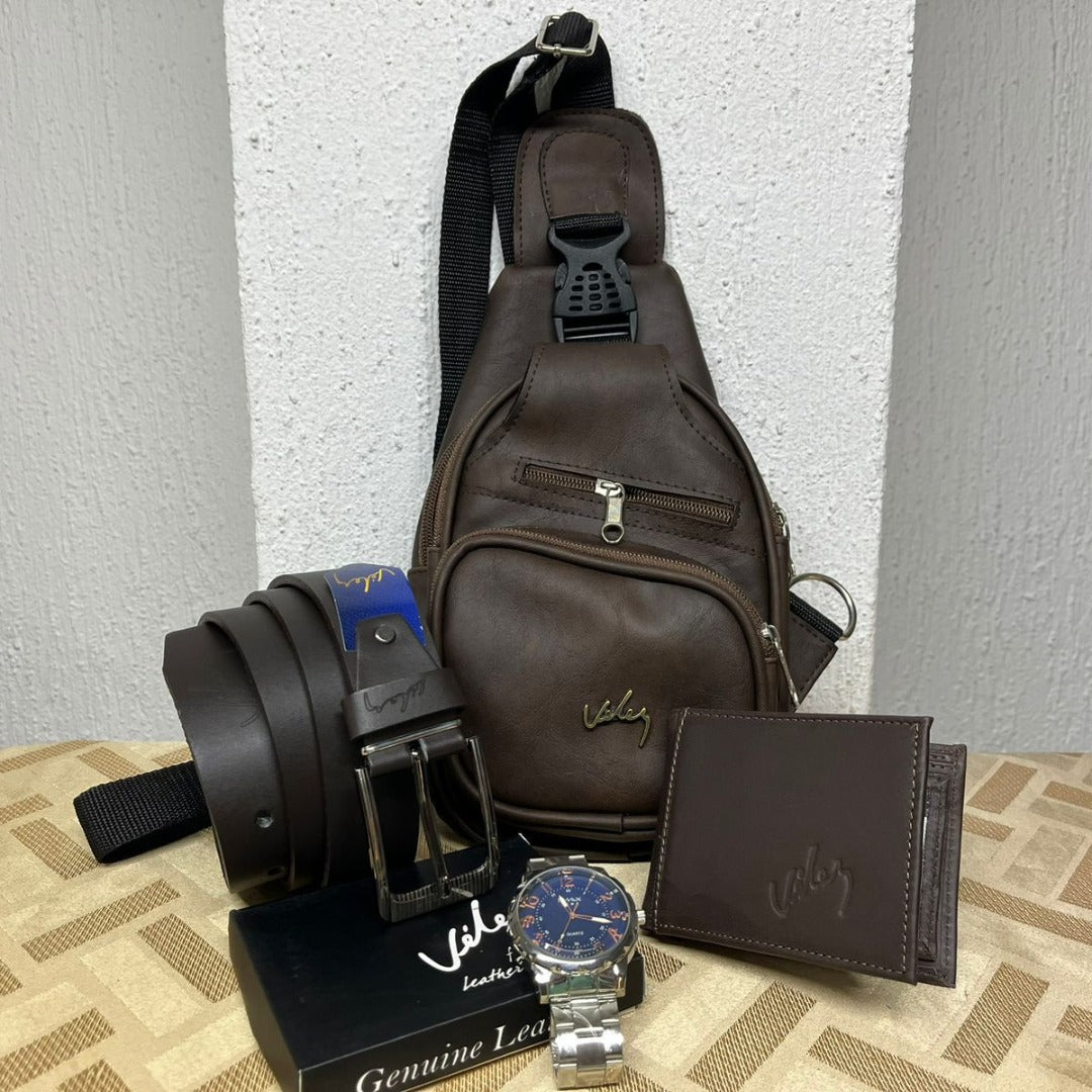 Combo de Accesorios para Hombre 4 en 1 – Bolso Cruzado + Correa Cuero + Billetera + Reloj