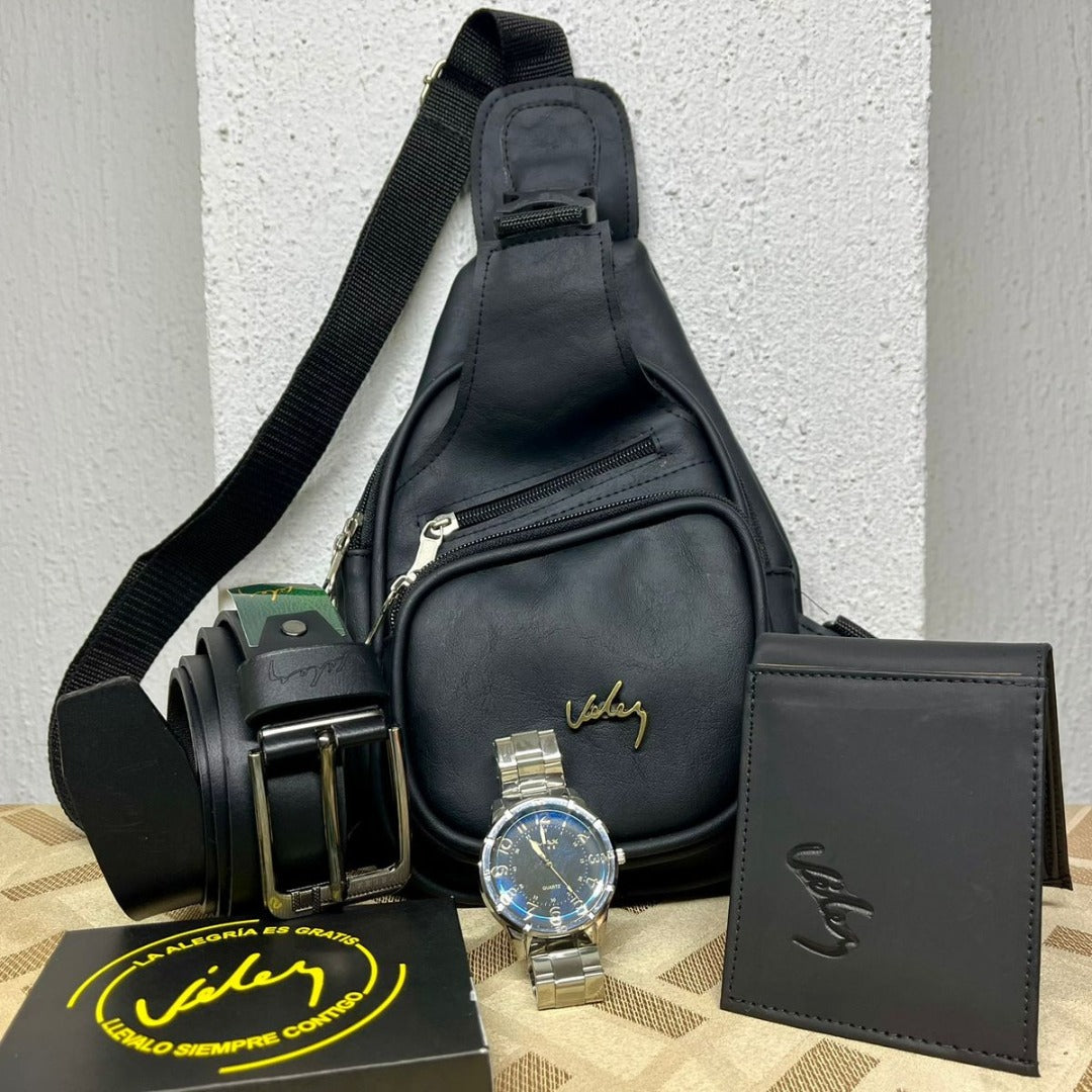 Combo de Accesorios para Hombre 4 en 1 – Bolso Cruzado + Correa Cuero + Billetera + Reloj