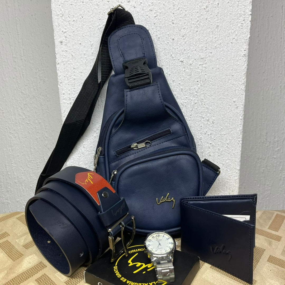 Combo de Accesorios para Hombre 4 en 1 – Bolso Cruzado + Correa Cuero + Billetera + Reloj
