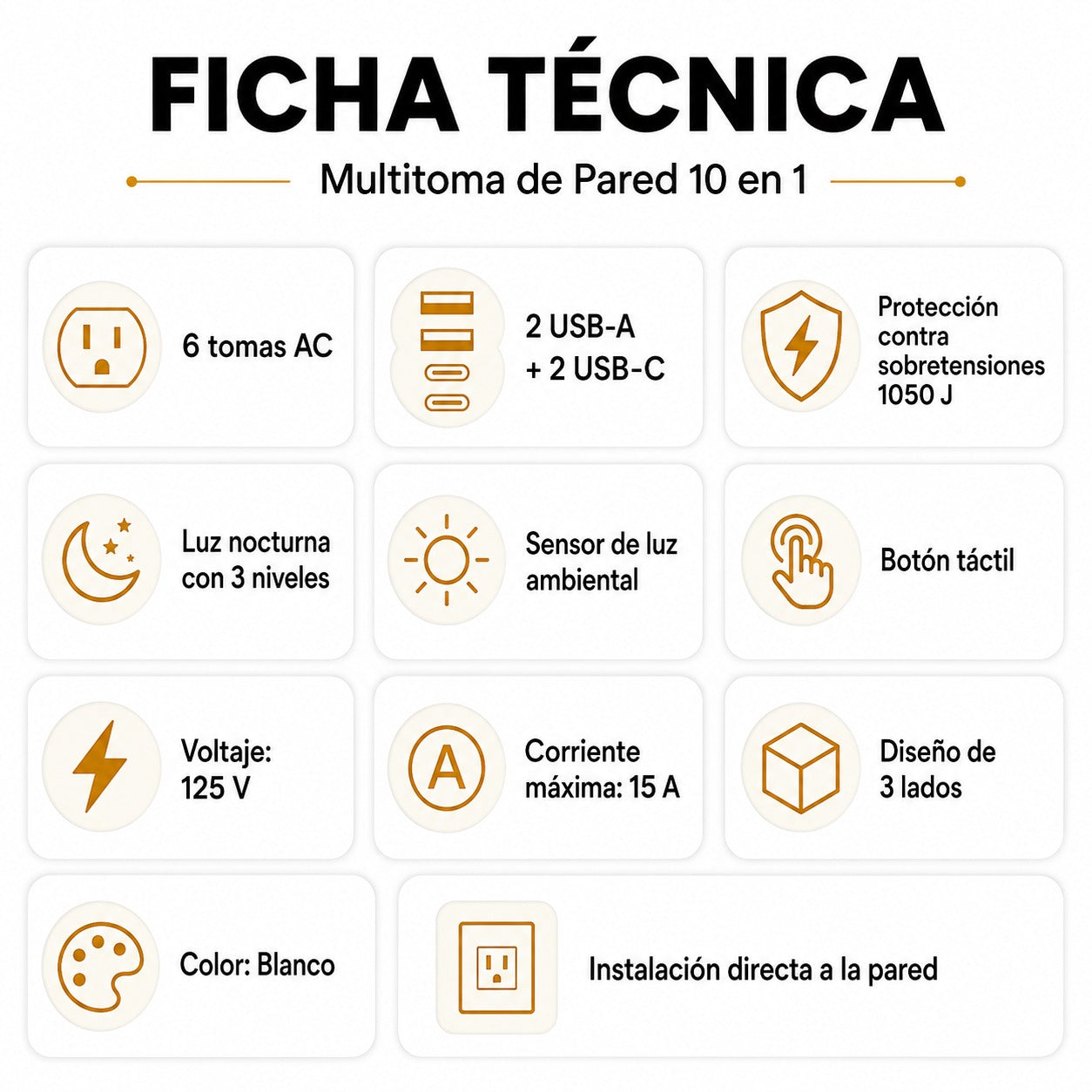 Multitoma 10 en 1 con Protección contra Sobretensiones y Luz Nocturna