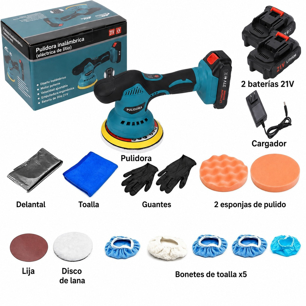Pulidora y Lijadora Orbital Inalámbrica 21V con Kit Completo de Accesorios