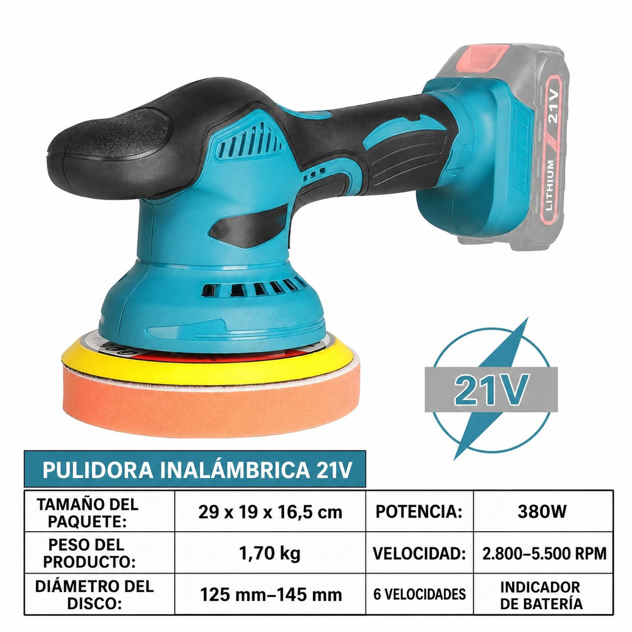 Pulidora y Lijadora Orbital Inalámbrica 21V con Kit Completo de Accesorios
