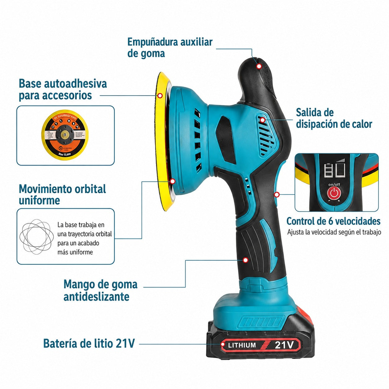 Pulidora y Lijadora Orbital Inalámbrica 21V con Kit Completo de Accesorios