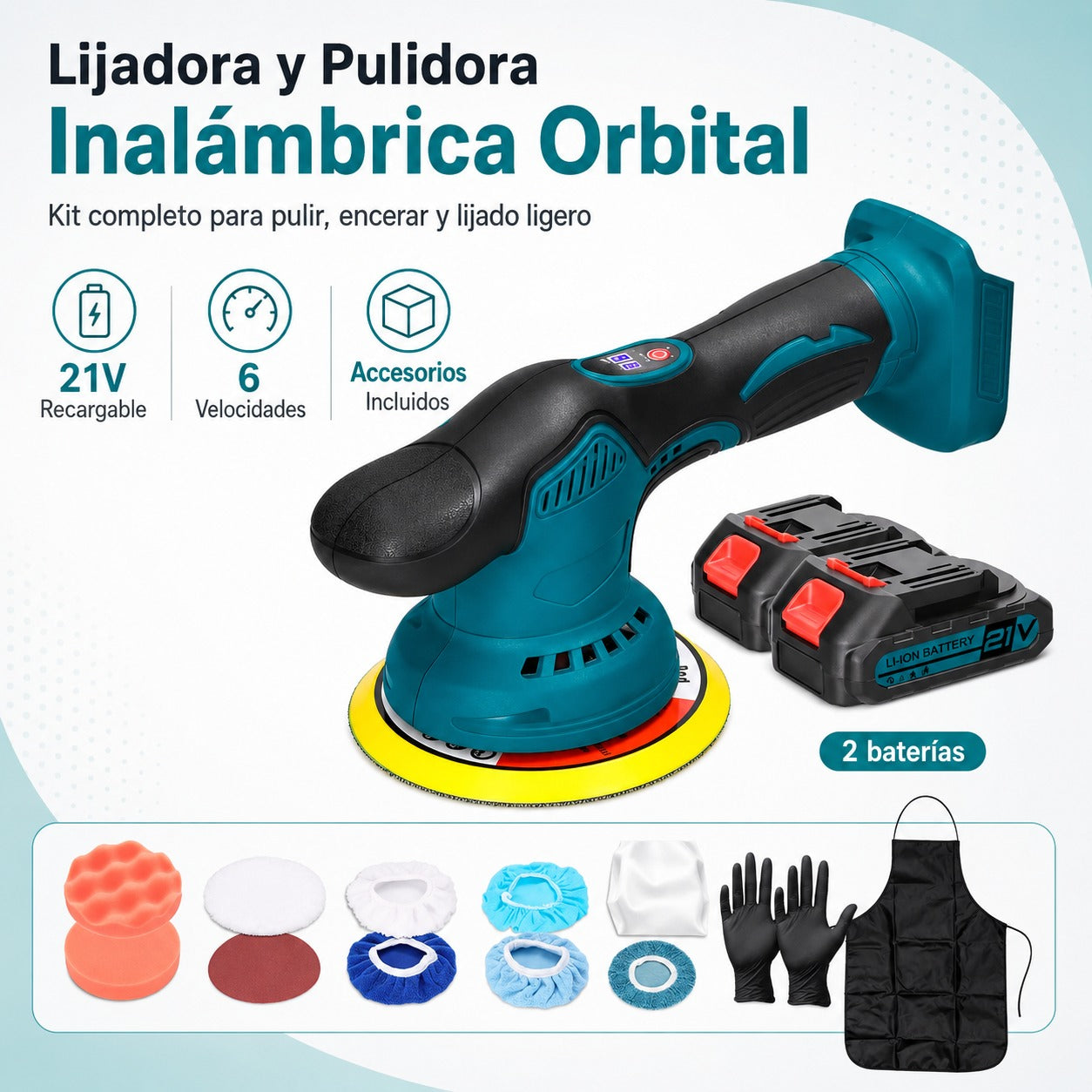 Pulidora y Lijadora Orbital Inalámbrica 21V con Kit Completo de Accesorios